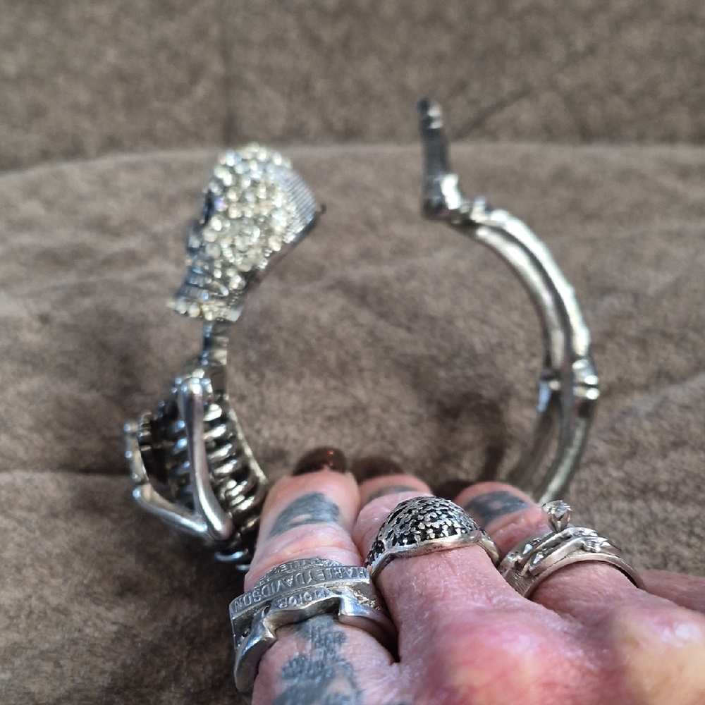 Silver Rhinestone Skeleton Cuff Bracelet - Picture 3 of 6